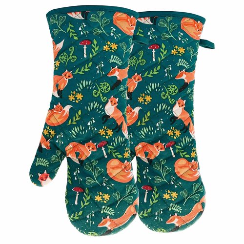 Oven Mitts Cotton Fashion Cute Fox Design 1 pair Heat Resistant Oven Gloves Safe Cooking Baking Grilling Barbecue Machine Washable (fox, oven mitts)