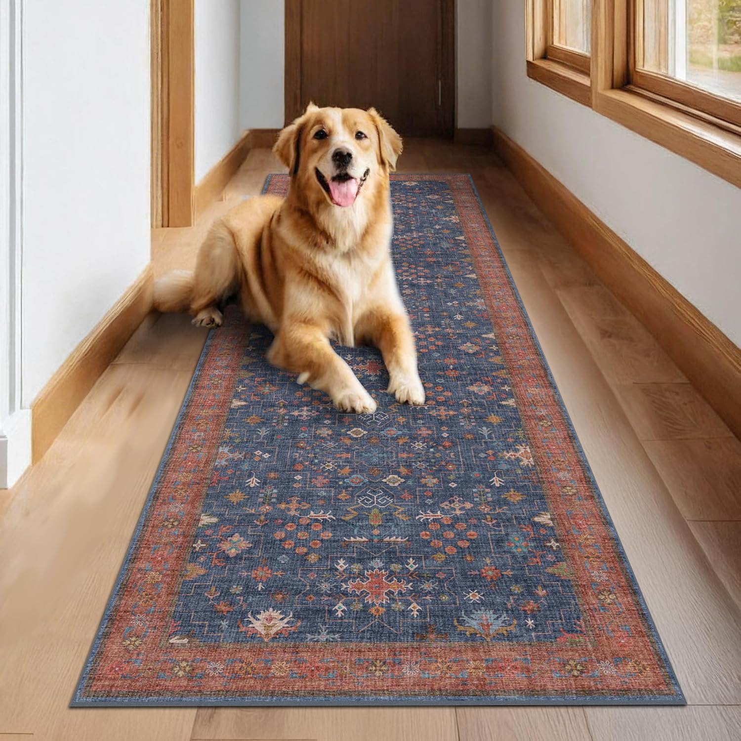 Skiennix Washable 10 Ft Long Runner Rug - Navy Blue, Pet-Friendly, Waterproof & Non-Slip Design