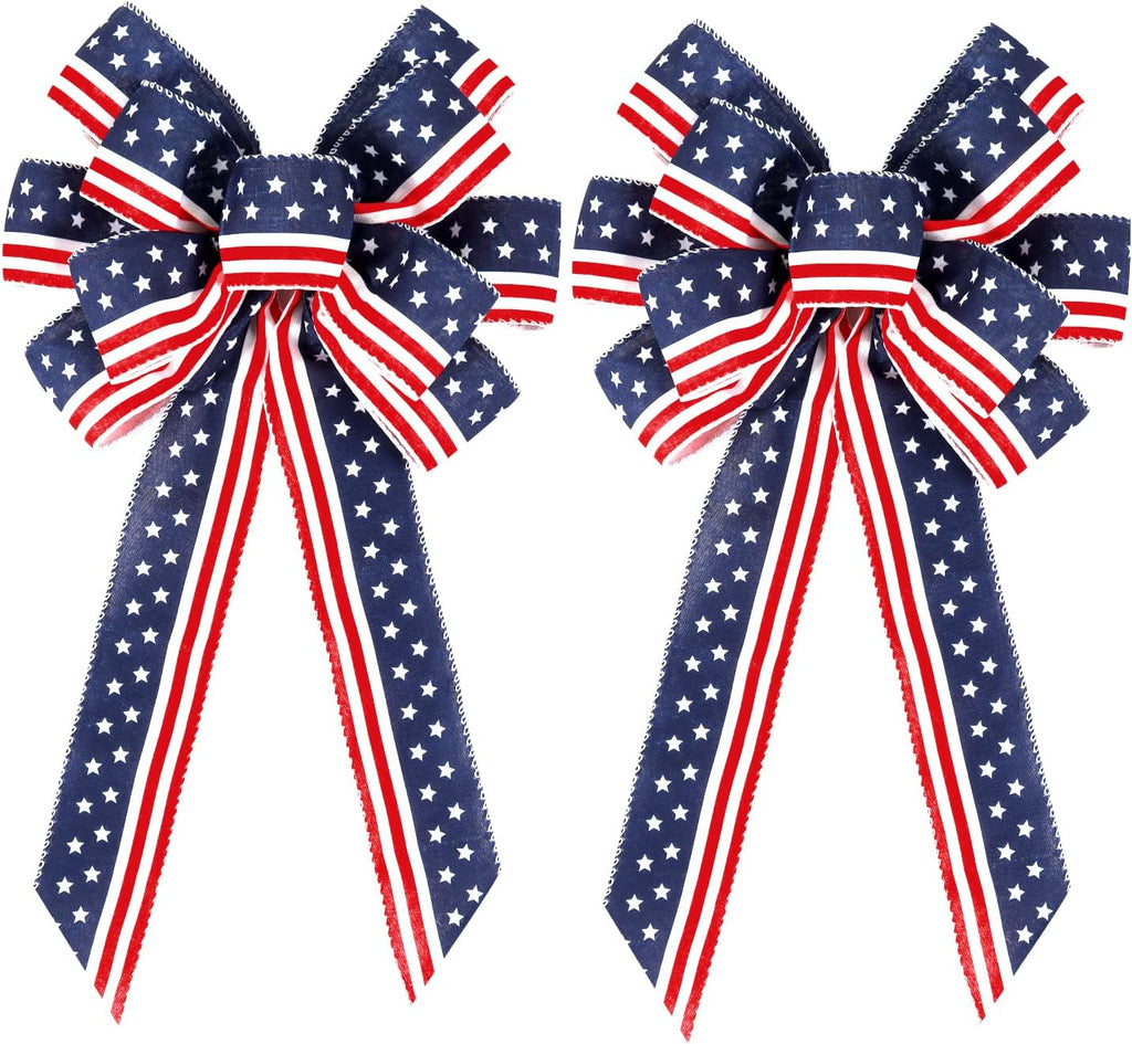 Patriotic 4th of July Decor Bow - Red, White & Blue Stripe Stars | 2 Pack Wreath & Tree Topper