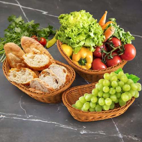 Yarlung 3 Pack Small Woven Breads Baskets, Oval Fruit Baskets Stackable Plastic Wicker Basket for Serving Vegetables, Kitchen, Restaurant, Outdoor, Imitation Rattan Brown, 3 Sizes