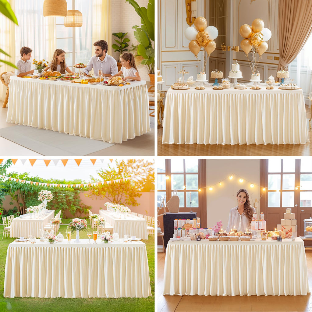Party Talk Light Champagne Polyester Table Clothes for 4 Foot Rectangle Tables, Wrinkle Free Fitted Table Cover 4ft Stretch Tablecloths with Skirt for Parties Weddings Birthday Banquet Baby Shower