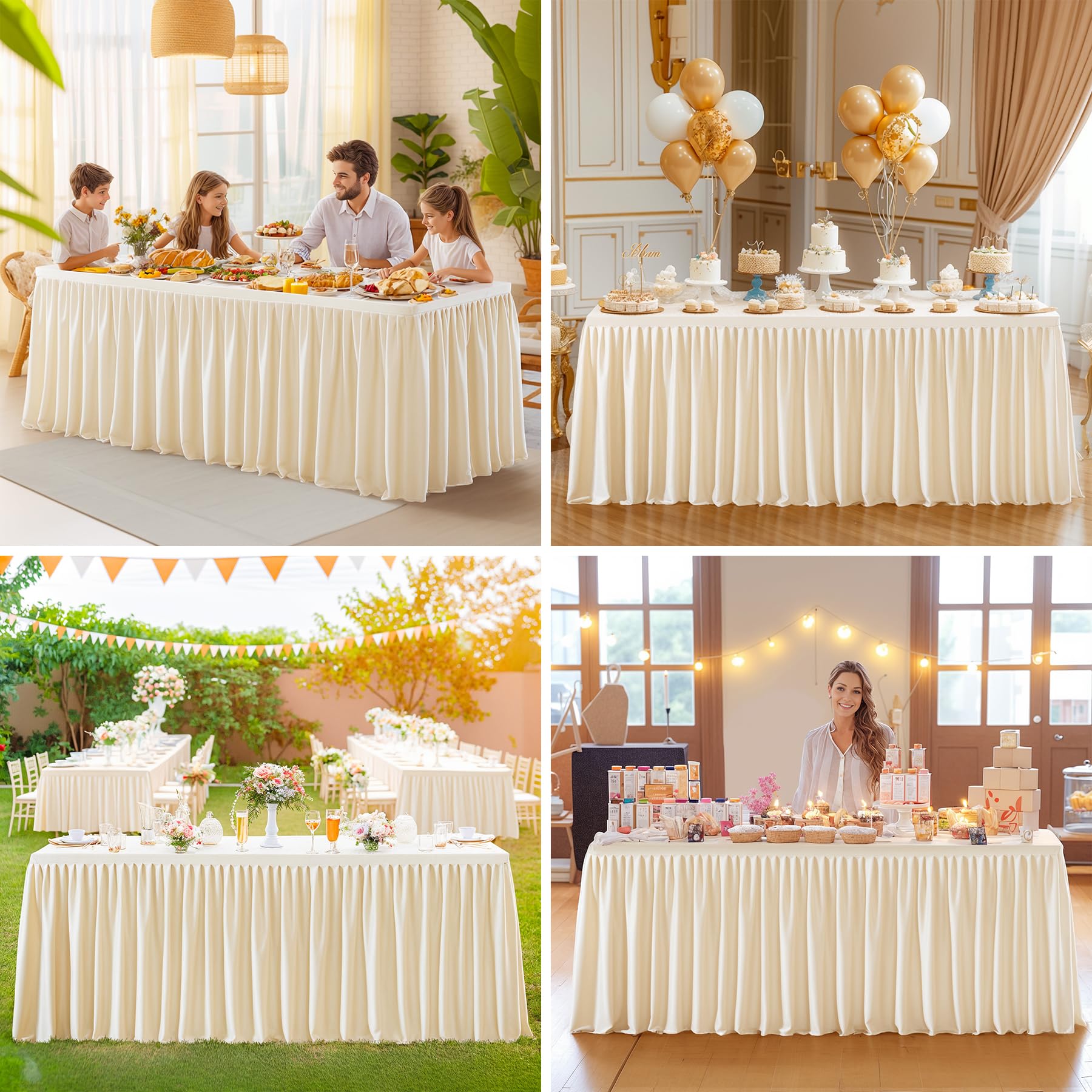 Party Talk Light Champagne Polyester Table Clothes for 4 Foot Rectangle Tables, Wrinkle Free Fitted Table Cover 4ft Stretch Tablecloths with Skirt for Parties Weddings Birthday Banquet Baby Shower