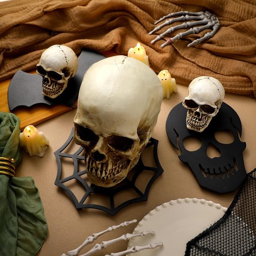 Reallnaive 3 Pcs Halloween Gothic Kitchen Decor Cast Iron Trivets for Hot Pans and Pots Metal Trivets for Hot Dishes Cast Iron Pan Holder Spooky Skull Bat Kitchen Accessories for Halloween