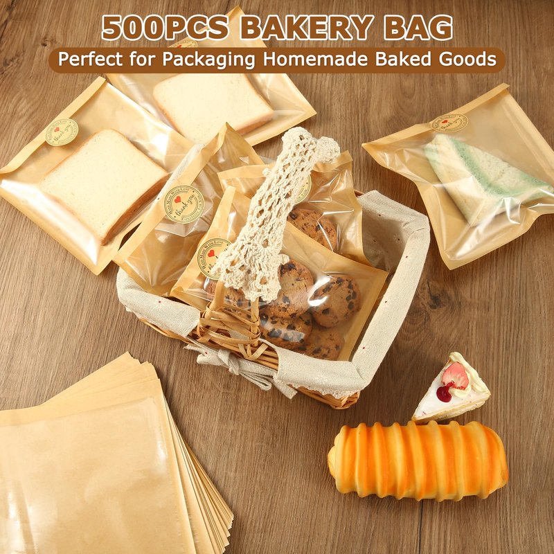 500 Pcs Bakery Bags with Window 5.1 x 7.5 In Paper Sandwich Bags Heat Sealable Cookie Bags with Seal Baked Goods Packaging Bagel Bags for Donut Sandwich Pastries and Other Treats Packaging Favor Bags