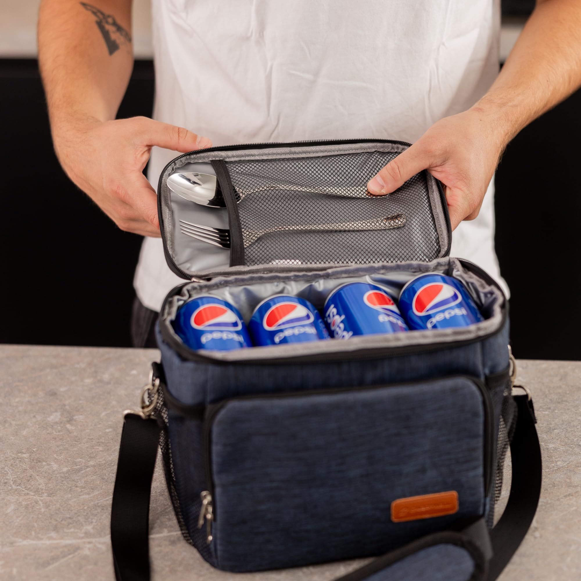 (Not Made in China) Insulated Lunch Bag, Men's Lunch Box, Leakproof, Collapsible, Soft Sided Cooler W/Adjustable Shoulder Strap (Navy Blue)