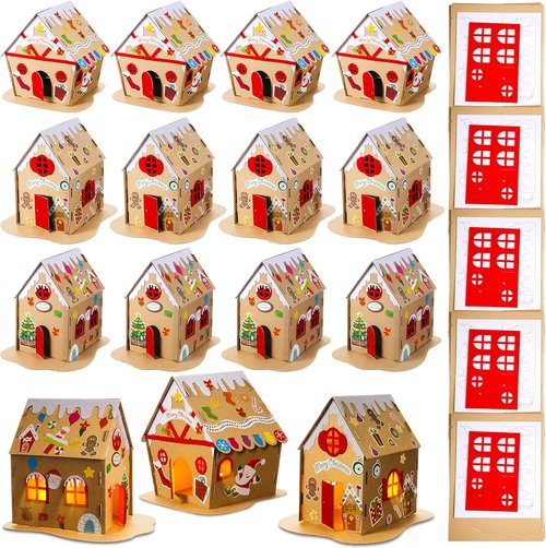 Hiboom Christmas Gingerbread House Kit - 15 Sets of Cardboard DIY Holiday Crafts for Festive Parties