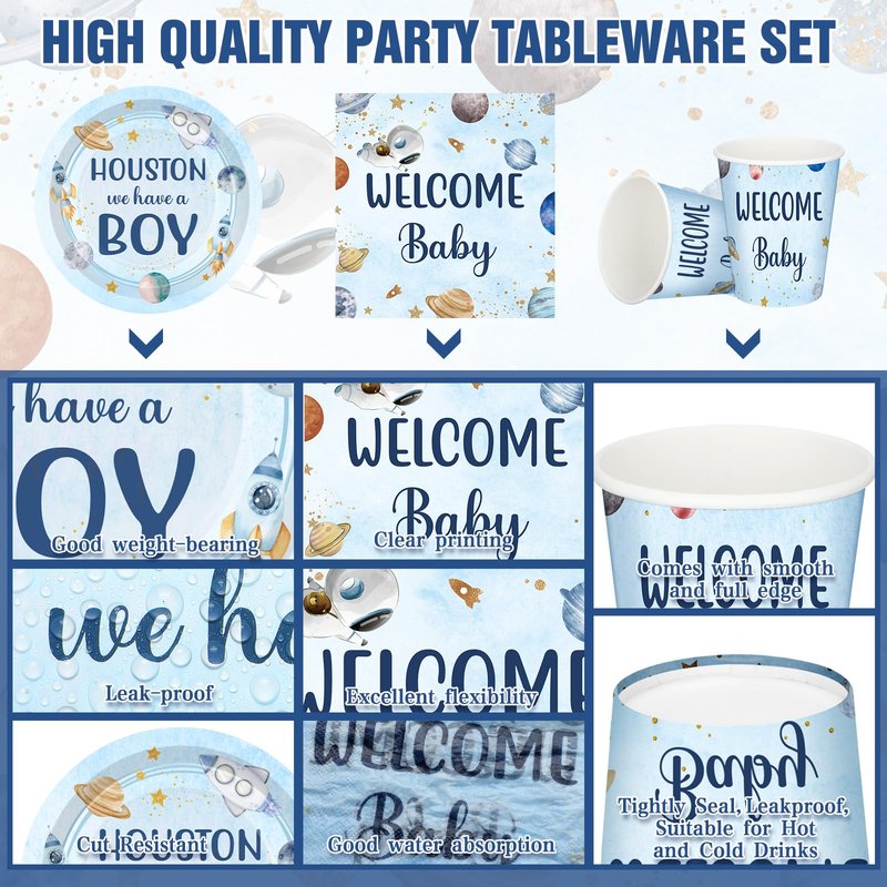 Hushee 200 Pcs Outer Space Baby Shower Paper Plates Napkins Cups Baby Shower Party Supplies Tableware Set Disposable Cup Napkin for 50 Guest Party Decoration