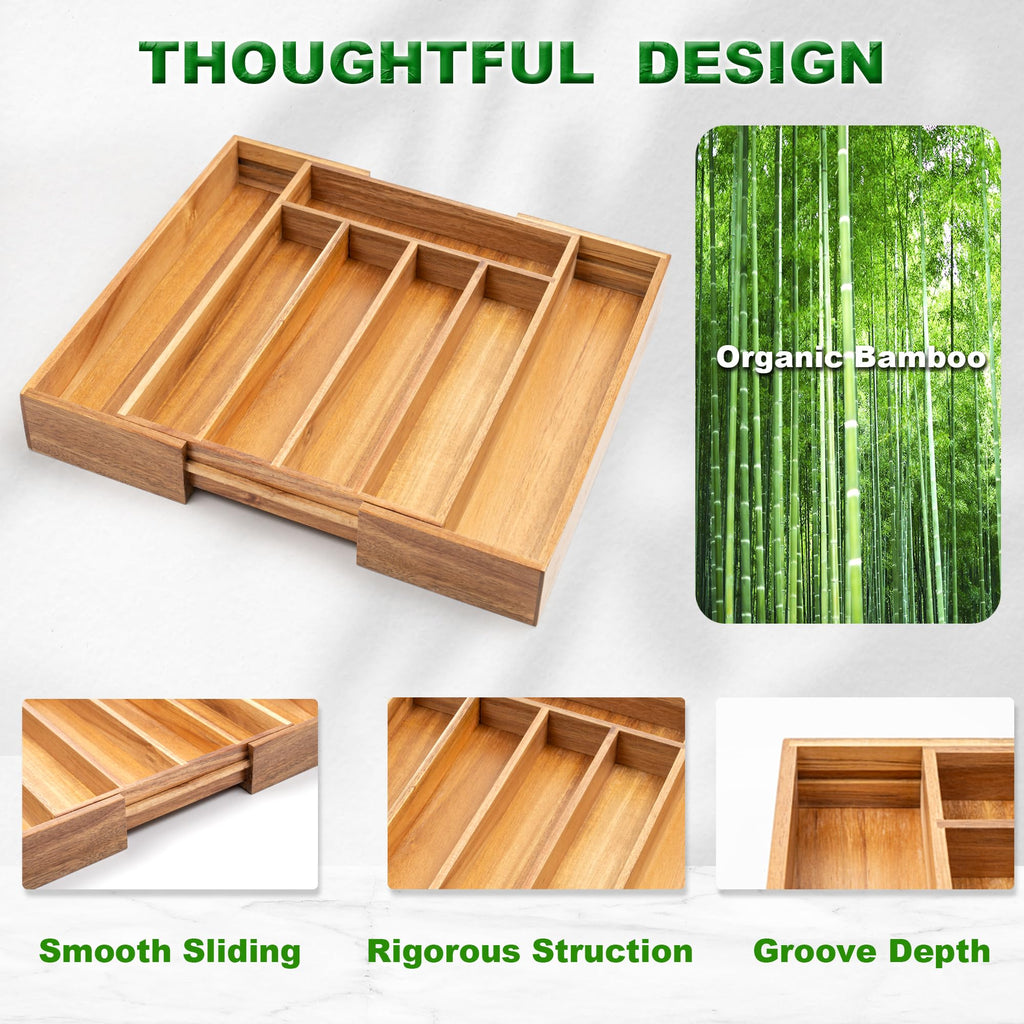 Besilord Large Expandable Utensil Organizer Silverware Organizer for Kitchen Adjustable Utensils Holder Bamboo Flatware Silverware Cutlery in Drawer (9 slot, Natural)