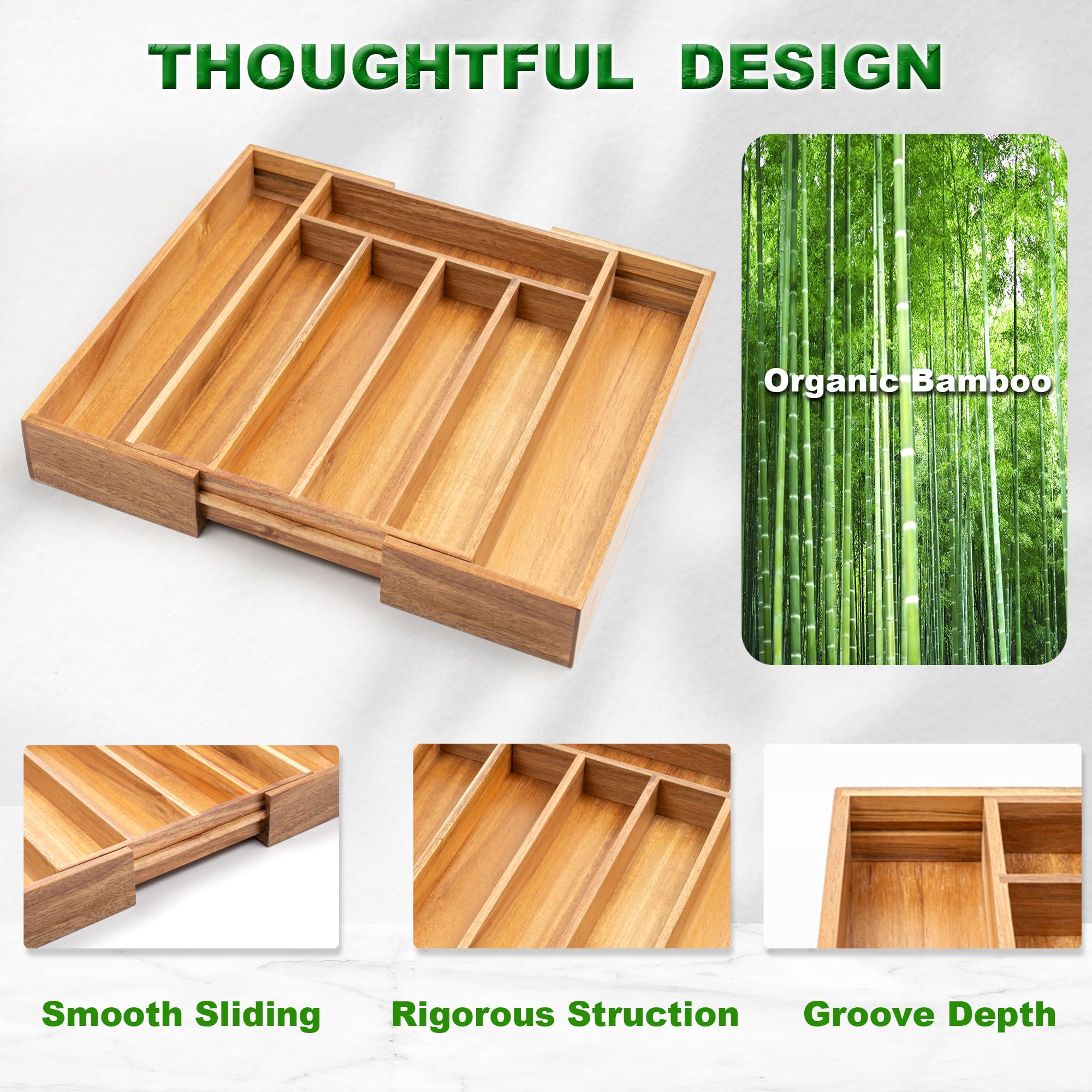 Besilord Large Expandable Utensil Organizer Silverware Organizer for Kitchen Adjustable Utensils Holder Bamboo Flatware Silverware Cutlery in Drawer (9 slot, Natural)