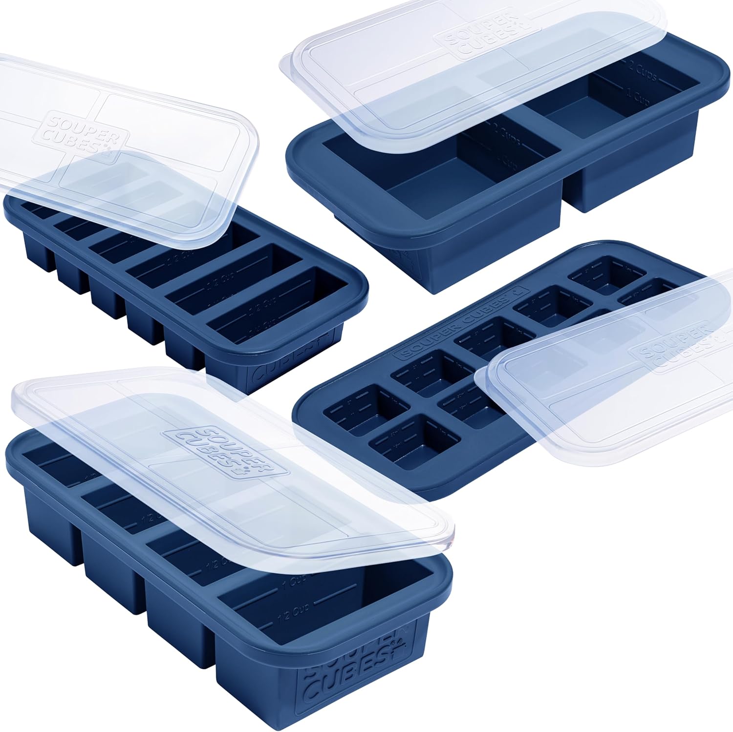Souper Cubes Silicone Freezer Molds - Meal Prep Gift Set with 2 Tbsp, 1/2, 1 & 2 Cup Trays - Blueberry