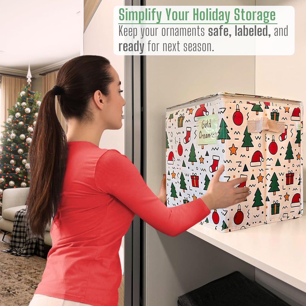VENO Christmas Ornament Storage Box - 4 Pack for 64 Ornaments | Adjustable Dividers & Zippered Top, Jingle Mix