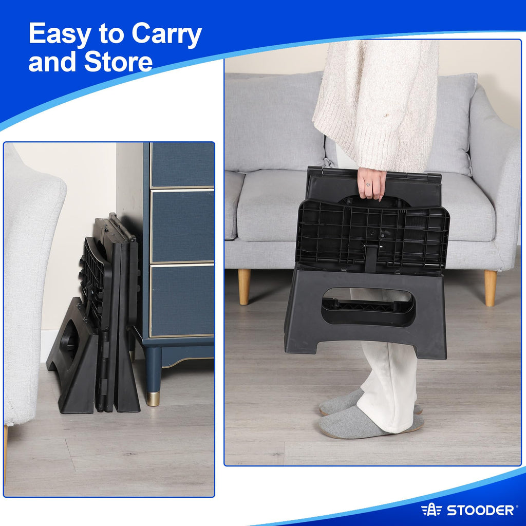 STOODER Folding 2-Step Stool - Upgraded Stable A-Frame, Safety Lock, Anti-Slip Rubber Feet, 300lb Capacity, No Assembly - 8" 17" Step Stools for Kitchen, Bathroom, Bed, RV, Home, Office (Black)