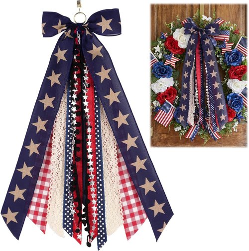 Large Patriotic Wreath by Americana | 8-Ribbon Star Bow with Metal Clip - Red, White & Blue Decor