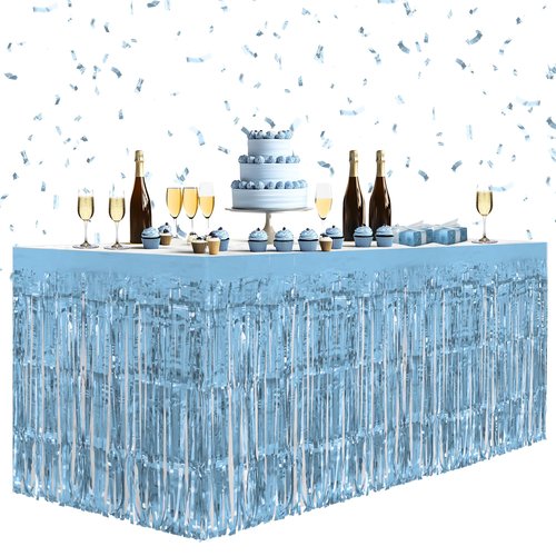 4 Pack Light Blue Table Skirts, 29x108" Metallic Foil Tinsel Fringe Table Skirts for Rectangle Tables Streamer Curtains Backdrop, Party Decorations for Birthdays Weddings Holidays