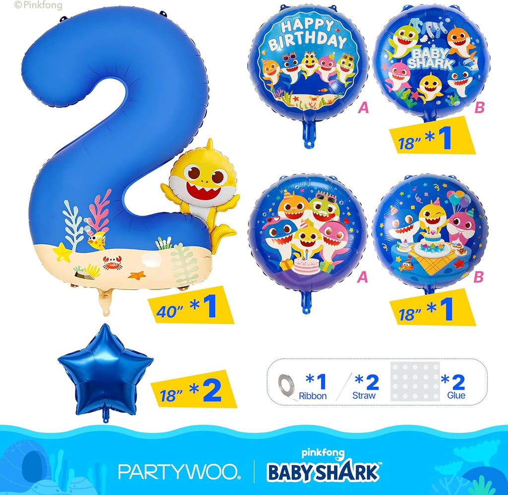 PartyWoo Baby Shark Blue Foil Number 2 Balloon - 5pcs 18-Inch Round Mylar Helium Decorations for Kids' Birthdays
