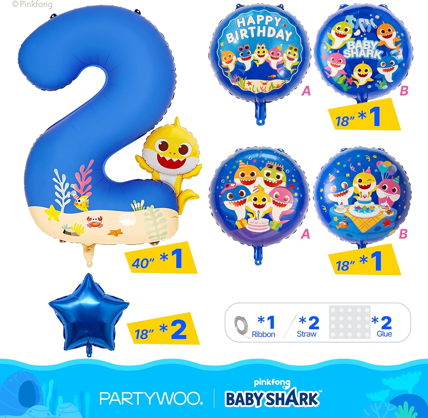 PartyWoo Baby Shark Blue Foil Number 2 Balloon - 5pcs 18-Inch Round Mylar Helium Decorations for Kids' Birthdays