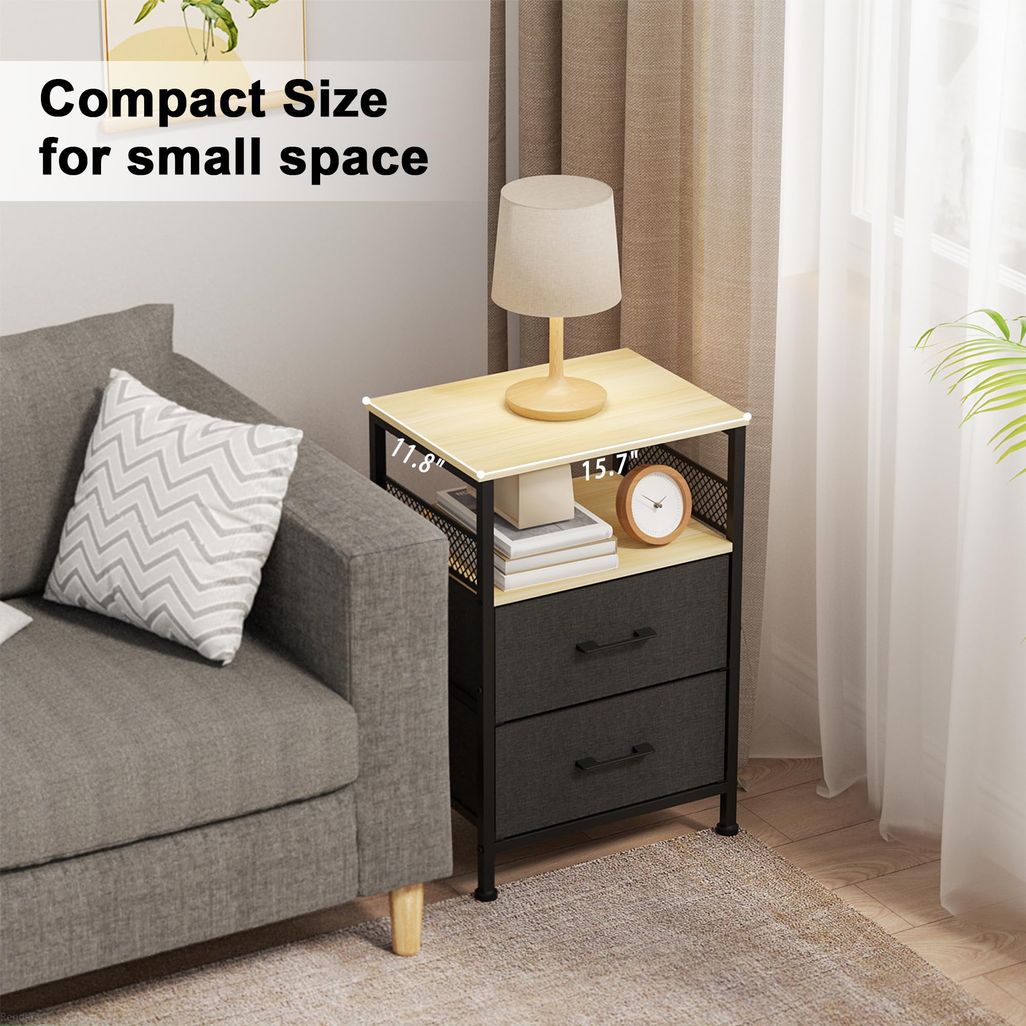 YUJSBHJAN Nightstand with Fabric Drawers, 2-Tier Storage Side Table,End Table with Open Shelf, Night Stand for Living Room, Natural and Black