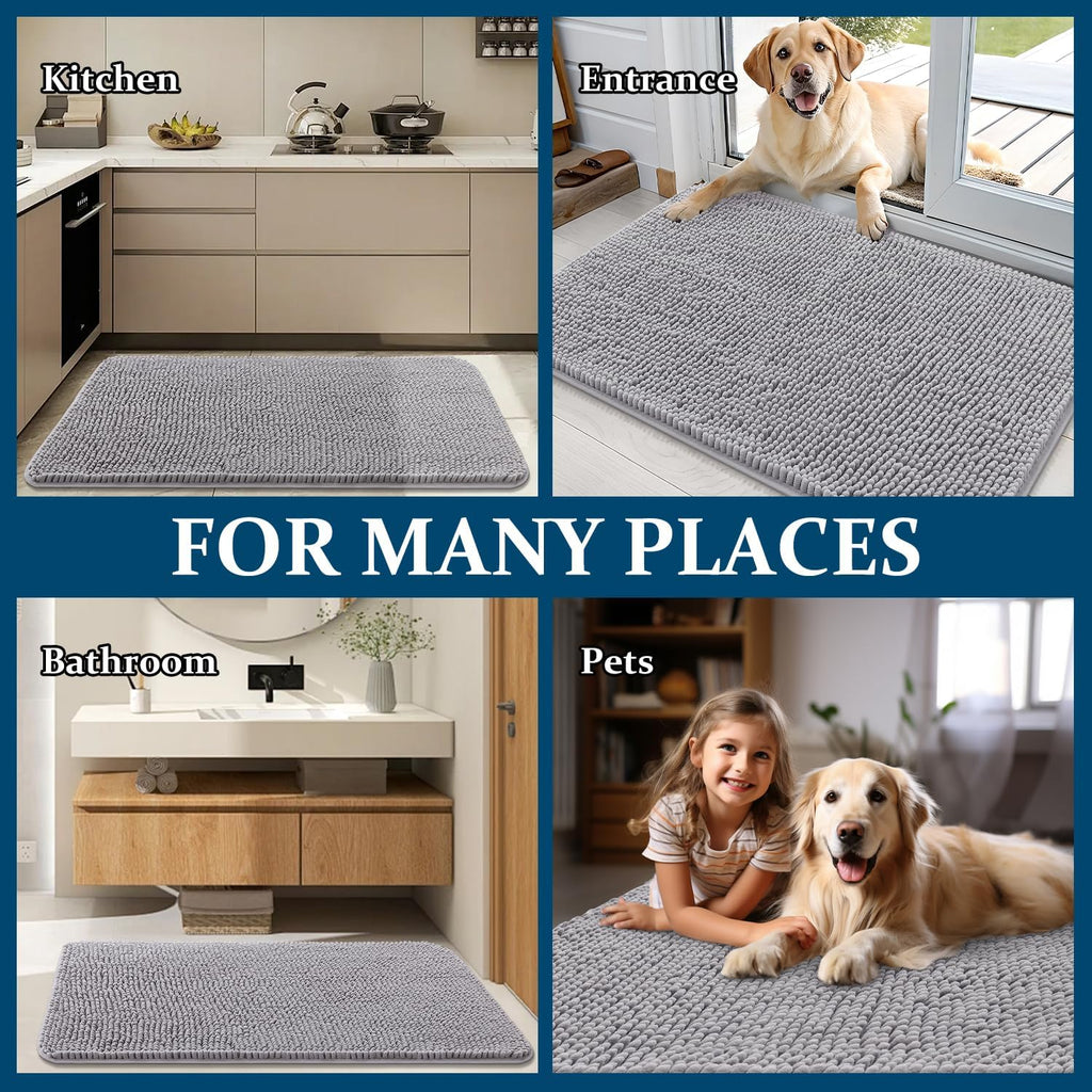 OLANLY Dog Door Mat - Absorbent Non-Slip Mud Mat for Indoor Use | Quick Dry Chenille, 40x24, Light Grey