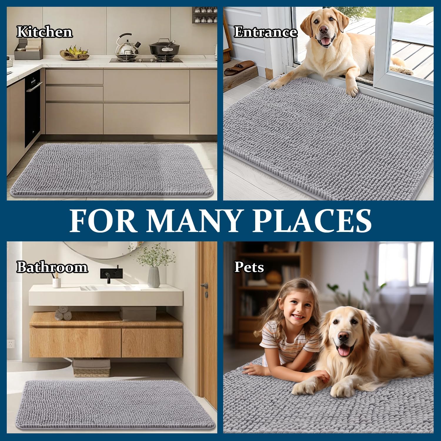 OLANLY Dog Door Mat - Absorbent Non-Slip Mud Mat for Indoor Use | Quick Dry Chenille, 40x24, Light Grey