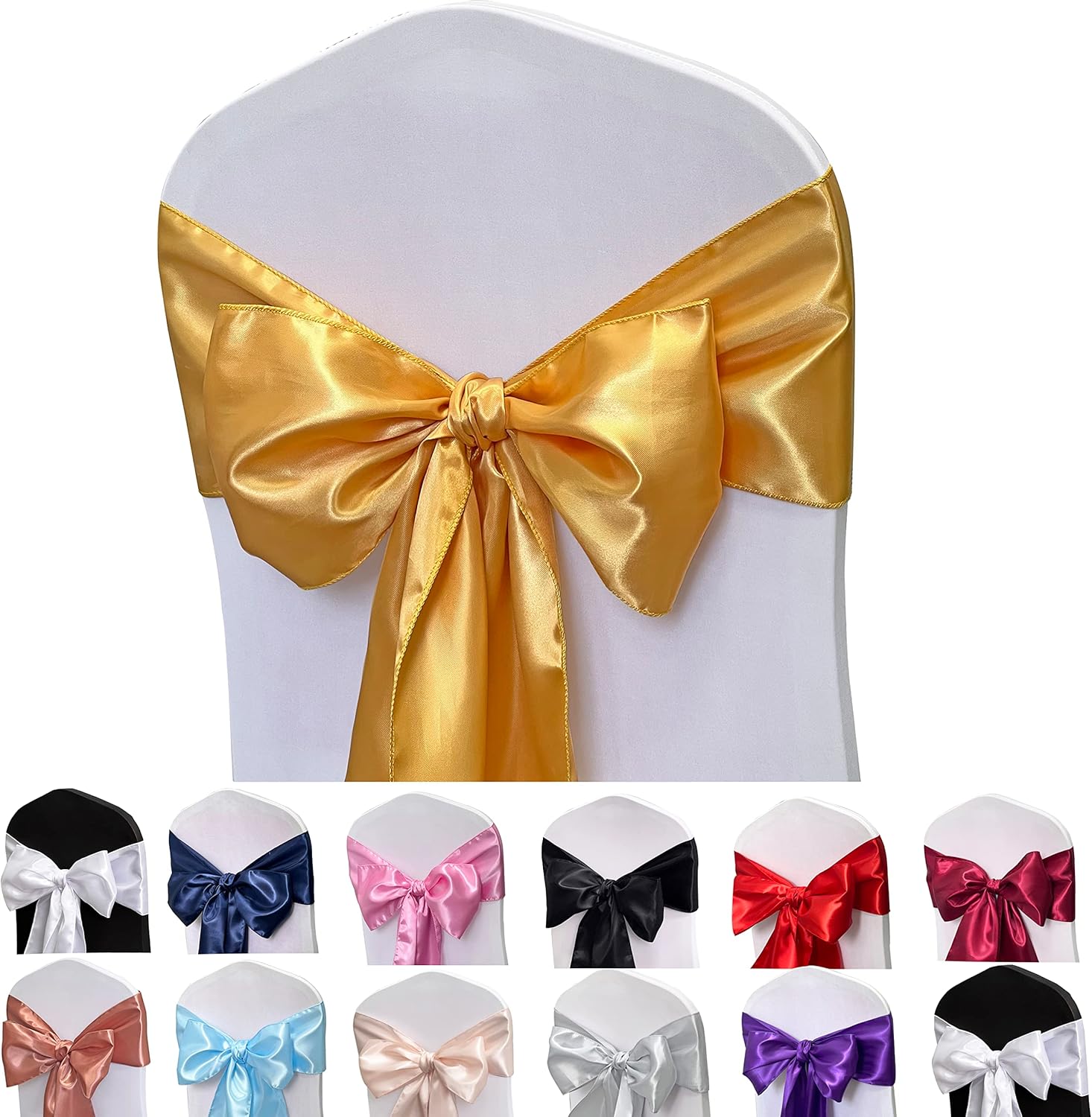 Skiennix Satin Chair Sashes - 50PCS Elegant Ribbon Ties for Wedding & Party Decor | Gold