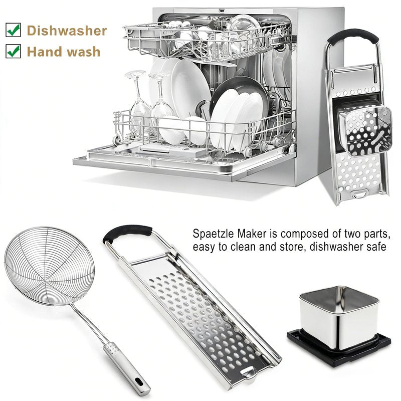 Spaetzle Maker, METLUCK Stainless Steel Spaetzle Press with Strainer Skimmer, Premium German Spaetzle Maker with Comfort Handle, Traditional Egg Noodle Dumpling Maker Tool for Home Cooking