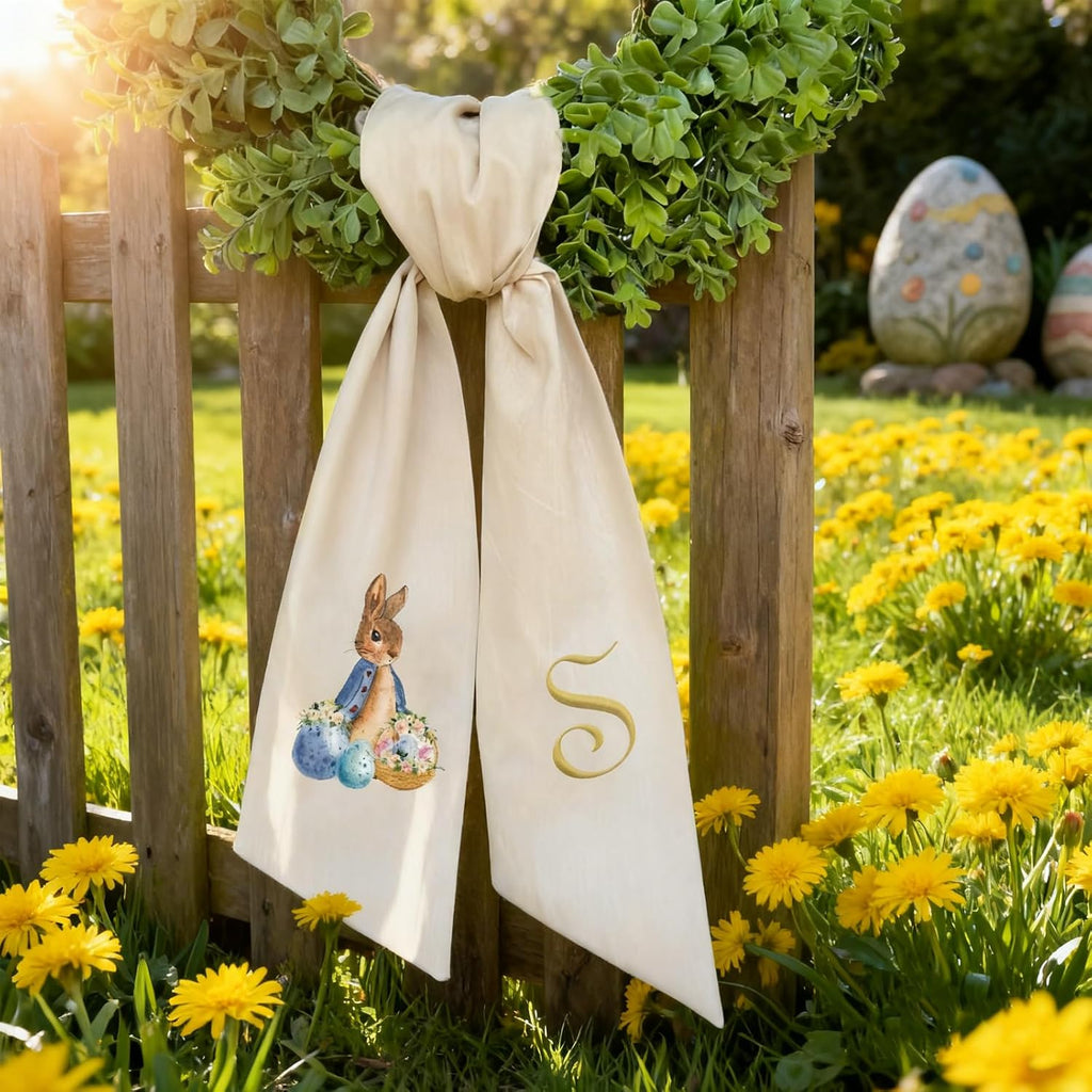 Skiennix Rabbit Easter Wreath - Custom Embroidered Monogram Bunny Sash for Front Door Decor (Small)