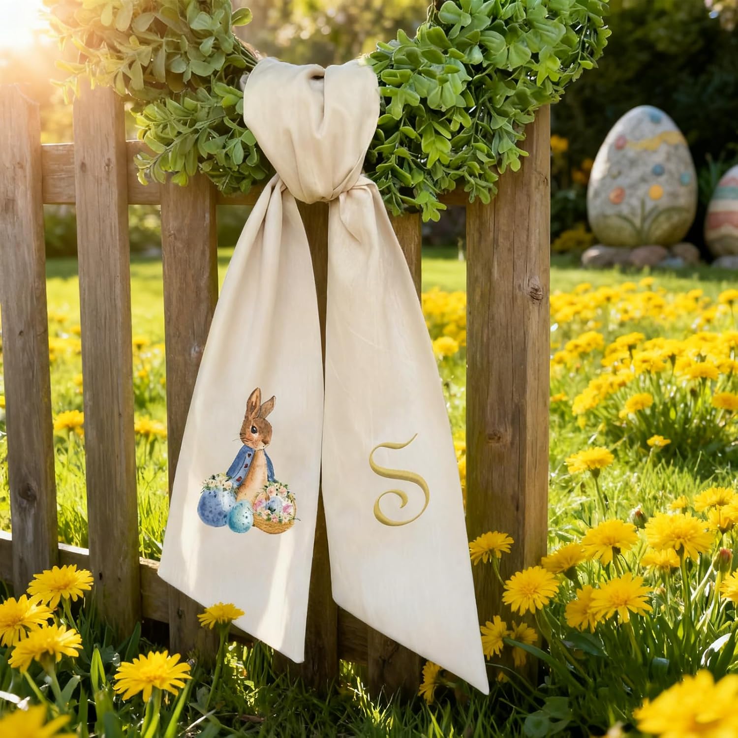 Skiennix Rabbit Easter Wreath - Custom Embroidered Monogram Bunny Sash for Front Door Decor (Small)