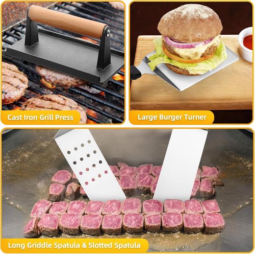 CEKEE Griddle Accessories Kit - 10-Piece Flat Top Grill Set with Smash Burger Press & Spatulas for BBQ Cooking