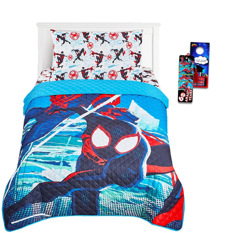Miles Morales Bedding Set - Spiderman Bedroom Decor Bundle of Spiderverse Bedspread, Flat & Fitted Sheet, Pillowcase for Twin Bed, More