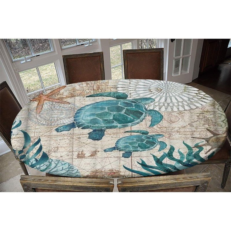 Personalized Oval Fitted Table Cloth Cover Add Your Photo Text Logo Custom Tablecloth with Elastic Edged for Indoor Outdoor Picnic Party Kitchen Dinner Decoration, Sea Turtle, Fits To 42" x 60" table
