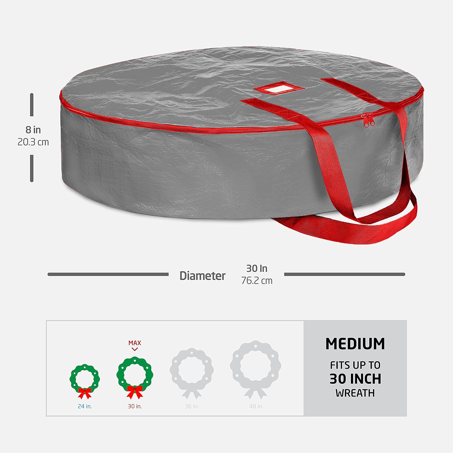 ZOBER Christmas Wreath Storage Container - 30 Inch Dual Zippered Bag with Durable Handles - Gray