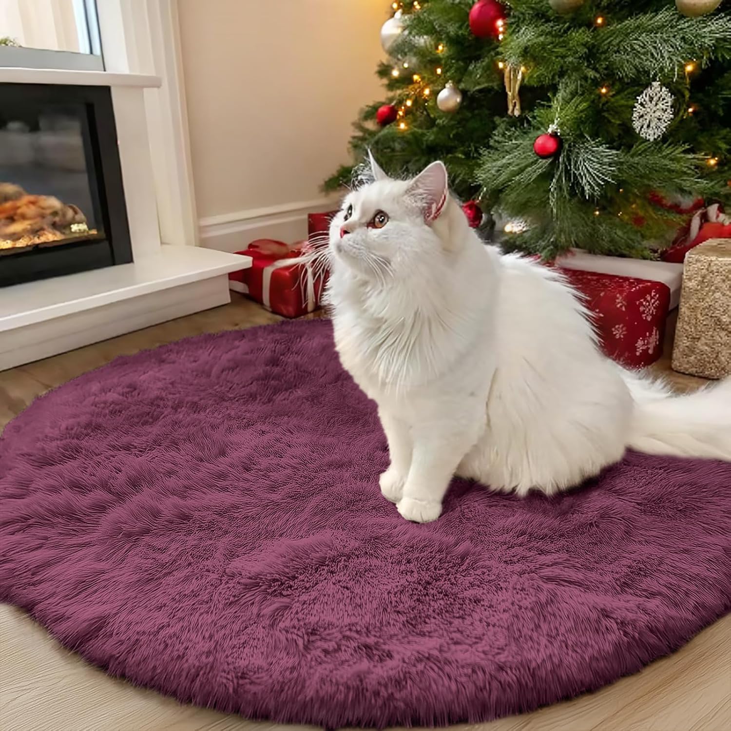 OLANLY Round Burgundy Area Rug - Soft, Fluffy, Machine Washable 3 ft Circle Carpet for Bedroom & Living Room