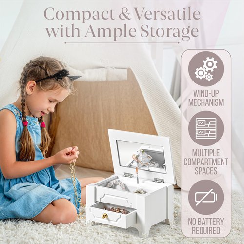 Arlo Belle Kids Musical Jewelry Box with Lock and Mirror, Wooden Jewelry Organizer with Spinning Ballerina and You Are My Sunshine Music, Home Decor & Gifts for Girls (White, Small)