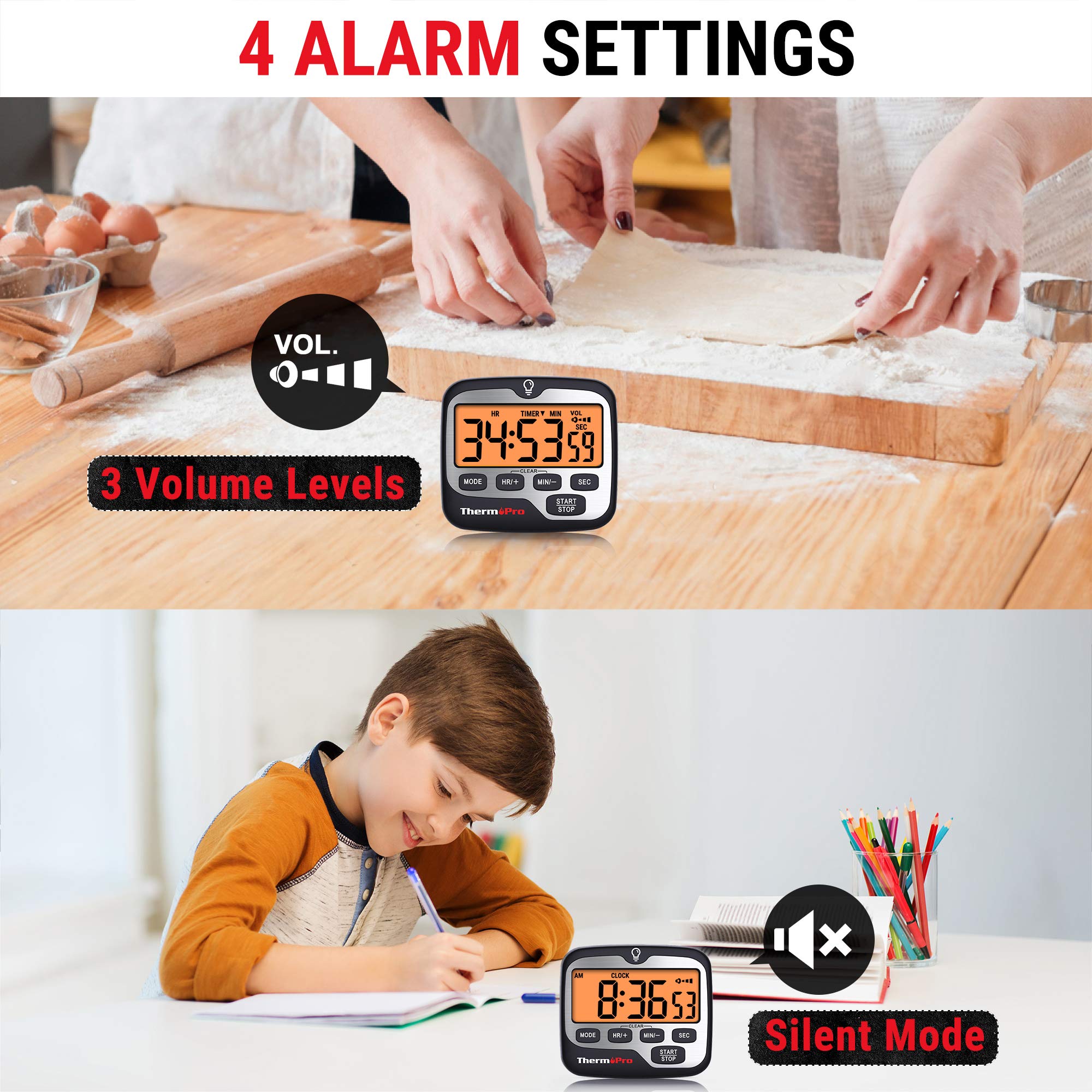 TempPro TM01(2 Pack) Kitchen Timers for Cooking with Count Up Countdown Timer, Digital Timer for Kids with Touch Backlit, Study Timers for Classroom Teacher Supplies (Previously ThermoPro)