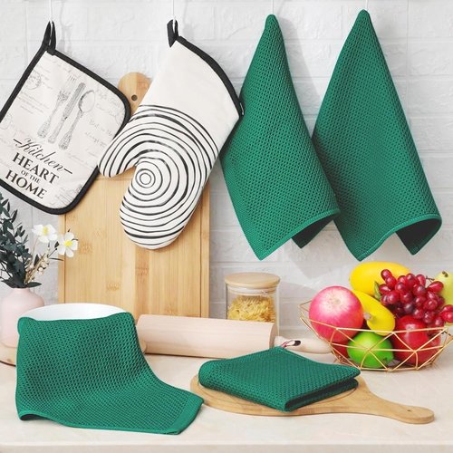 Homaxy Kitchen Dish Cloths - 100% Cotton Waffle Weave, Ultra Soft & Absorbent, 12x12 Inches, 6-Pack | Dark Green