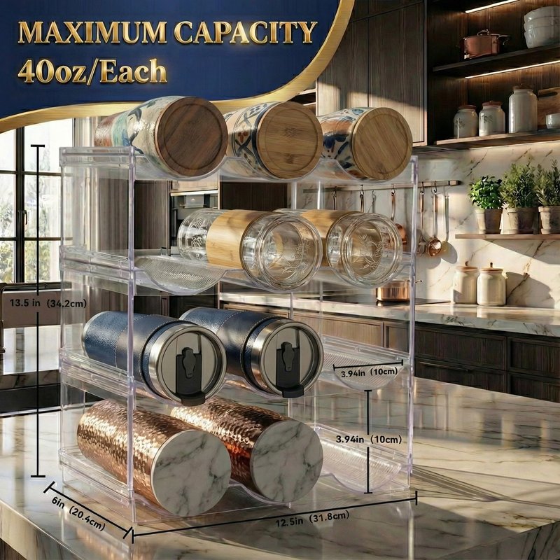 Stackable Water Bottle Organizer for Cabinet, Plastic Bottle Holder Designed for Starbucks Studded Tumblers up to 40oz, Plastic Cup Holder&Wine Rack for Pantry,Cupboard- 4 Layers Hold 12 Bottles