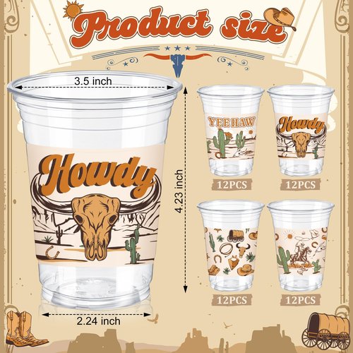 SiliFine 48 Pcs Western Cowboy Plastic Cups 12 oz Disposable Wild West Rodeo Clear Plastic Drinking Cups for Rodeo Wild West Theme Baby Shower Birthday Party Favors Decorations Supplies