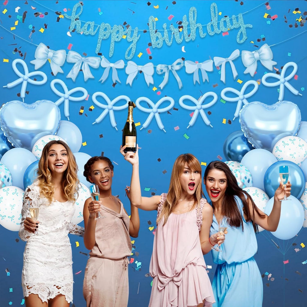 Skiennix Blue Bow Birthday Decorations - Coquette Party Set with Happy Birthday Banner & Heart Foil Balloons