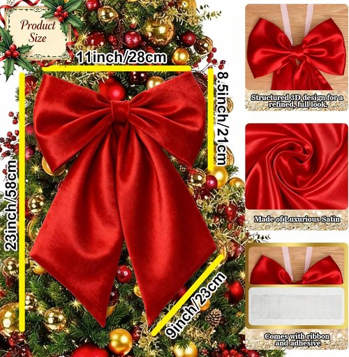 Big Red Bows | Christmas Tree Topper - 23x11 Inch Ruby Red Satin Bow for Holiday Decor