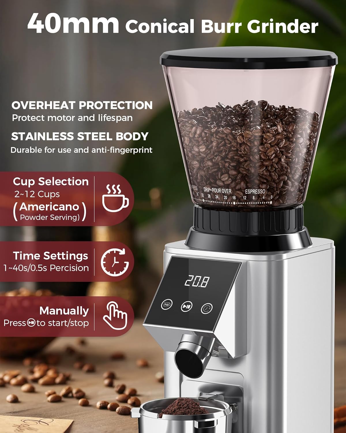 Tuni G1 Conical Burr Coffee Grinder - 48 Grind Settings, Precision Timer & LED Touchscreen | Stainless Steel Silver