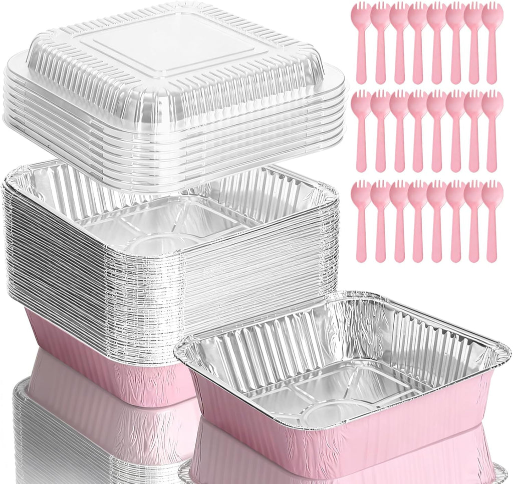 Pink Aluminum Baking Pans by [Brand Name] - 35 Pack 8x8 Inch Disposable Trays with Lids & Spoons for Parties