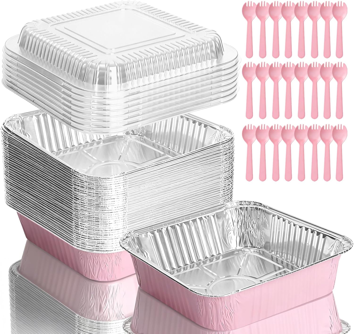 Pink Aluminum Baking Pans by [Brand Name] - 35 Pack 8x8 Inch Disposable Trays with Lids & Spoons for Parties