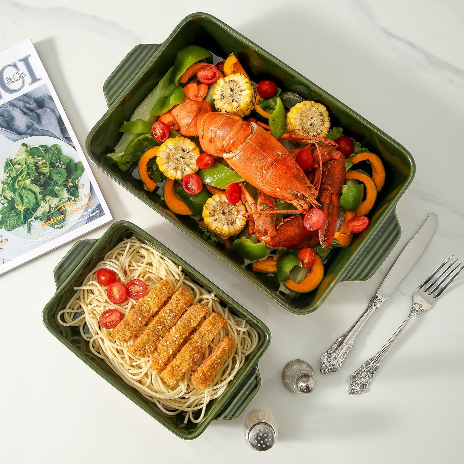 Regine Switzerland Ceramic Baking Casserole Dish - Large 9x13 Inch Porcelain Bakeware Set in Forest Green