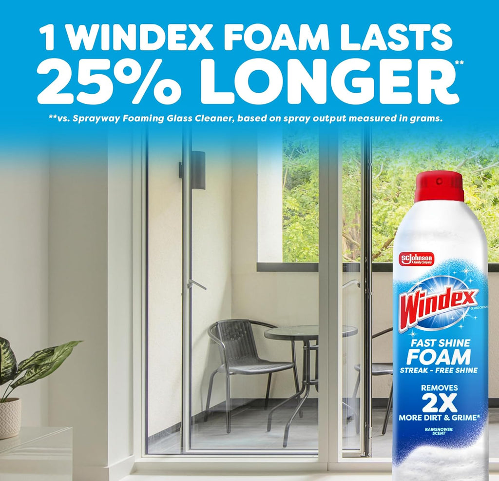 Windex Fast Shine Foam Glass Cleaner - Streak-Free Aerosol Spray for Windows, Mirrors & Counters | 19 oz