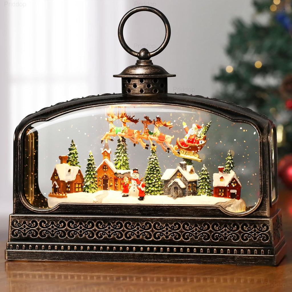 Priddop Christmas Snow Globe - Santa Claus & Snowman Village Scene with USB/Battery Timer & Music