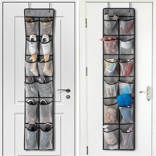 KEEPJOY Over The Door Shoe Organizer - 2 Pack Mesh Pockets with 4 Hooks | Large 57.5"x12.6" Grey Storage Solution