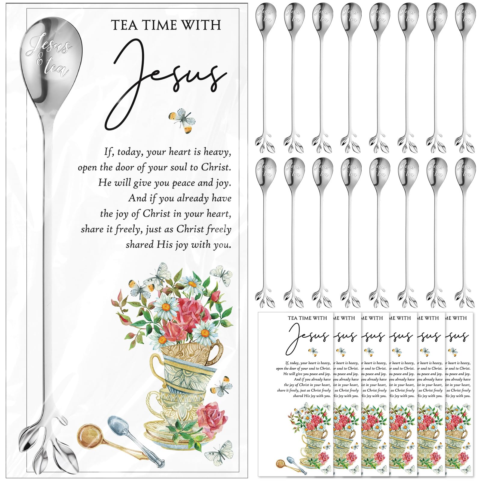 Skybooly 30 Sets Christian Tea Party Favors Jesus Teaspoons with Prayer Cards 6.5" Coffee Spoons Souvenirs for Tea Party Church Christmas Easter Family Reunion Gifts, Silver