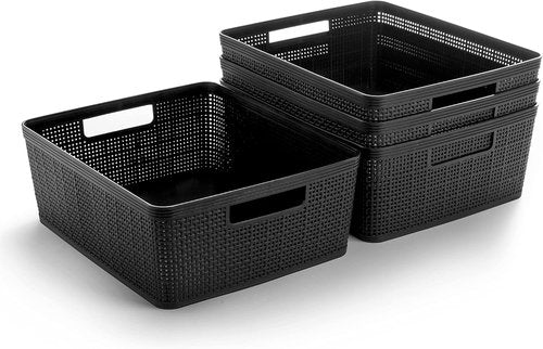 BINO Woven Plastic Basket - Medium Black, 4-Pack | Stylish Home Organization & Space-Saving Storage