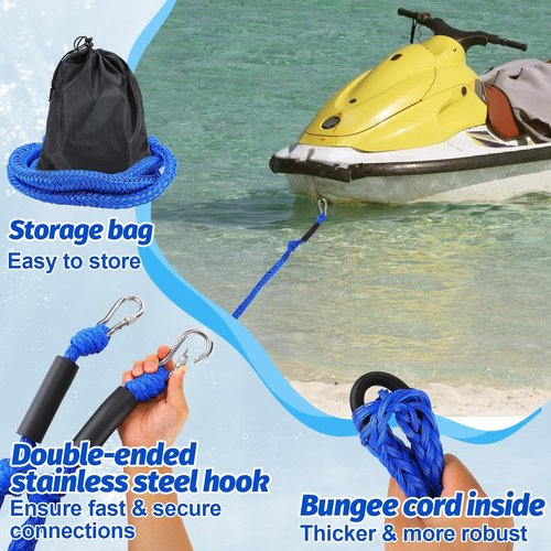 Bungee Dock Line by [Brand Name] - 7-14FT Elastic Anchor Line with Shock Absorption & Stainless Steel Hook for PWC, Jet Ski & Beach Use