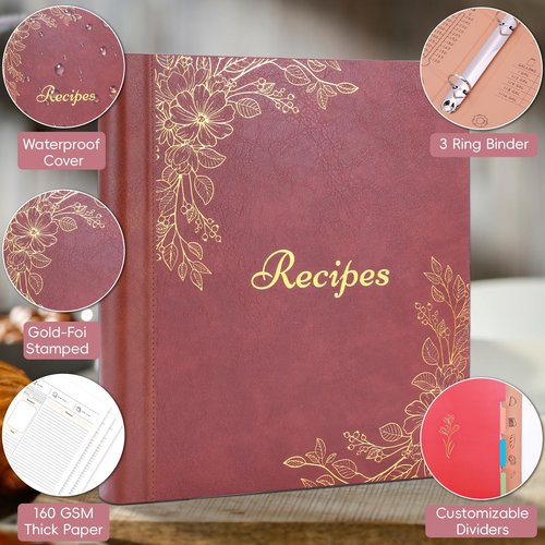 Recipe Binder with PU Leather Cover, Full Page Recipe Book to Write in Your Own Recipes, 8.5x11 3 Ring Recipe Journal with Plastic Sleeves, Blank Cards, Dividers, Labels & Stickers